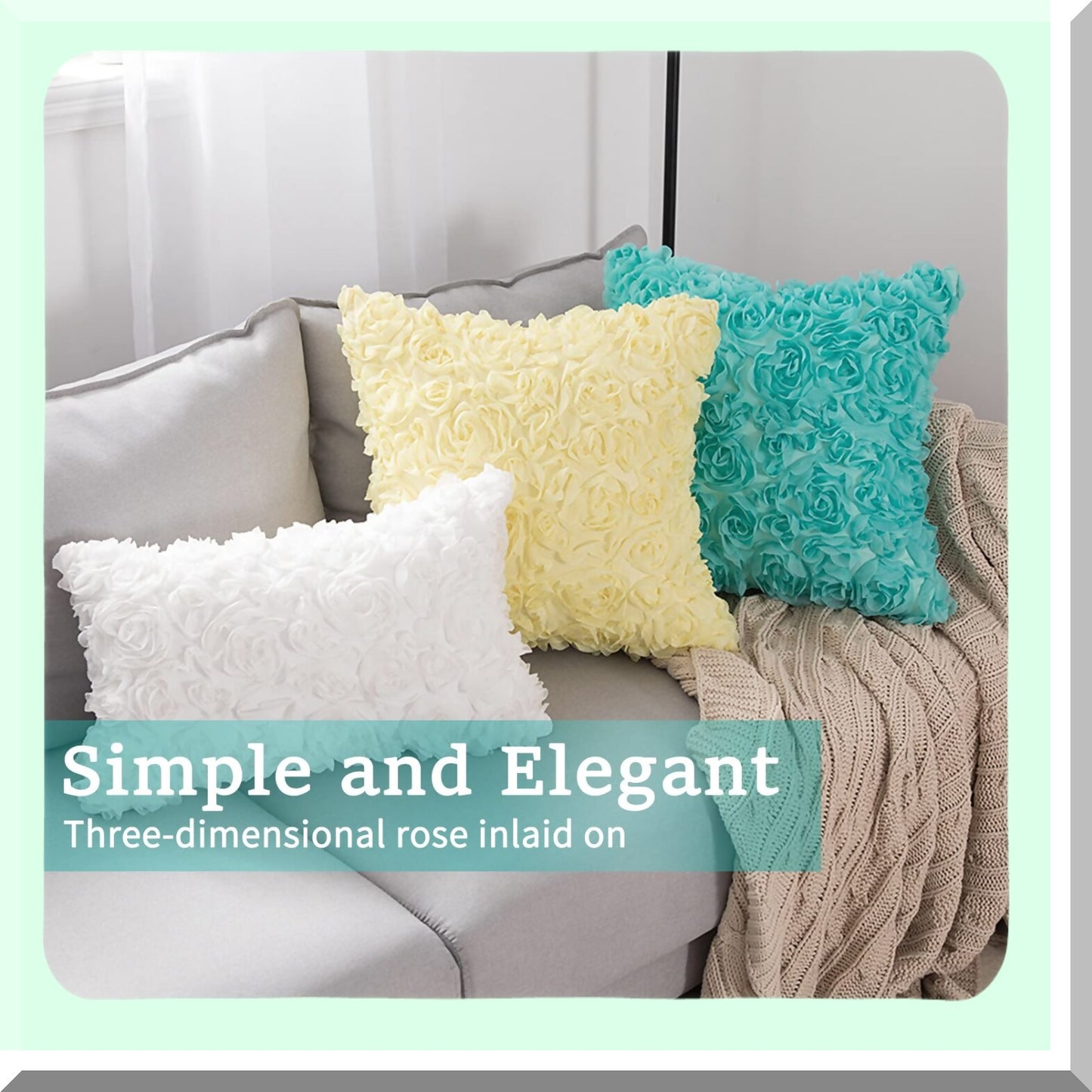 Romantic Rose Flower Pillowcase Set - Decorative Stereo Chiffon Square Pillow Cover for Sofa, Bedroom, Car - Aqua Valentines Day Decor - Pack of 2, 18x18 Inch