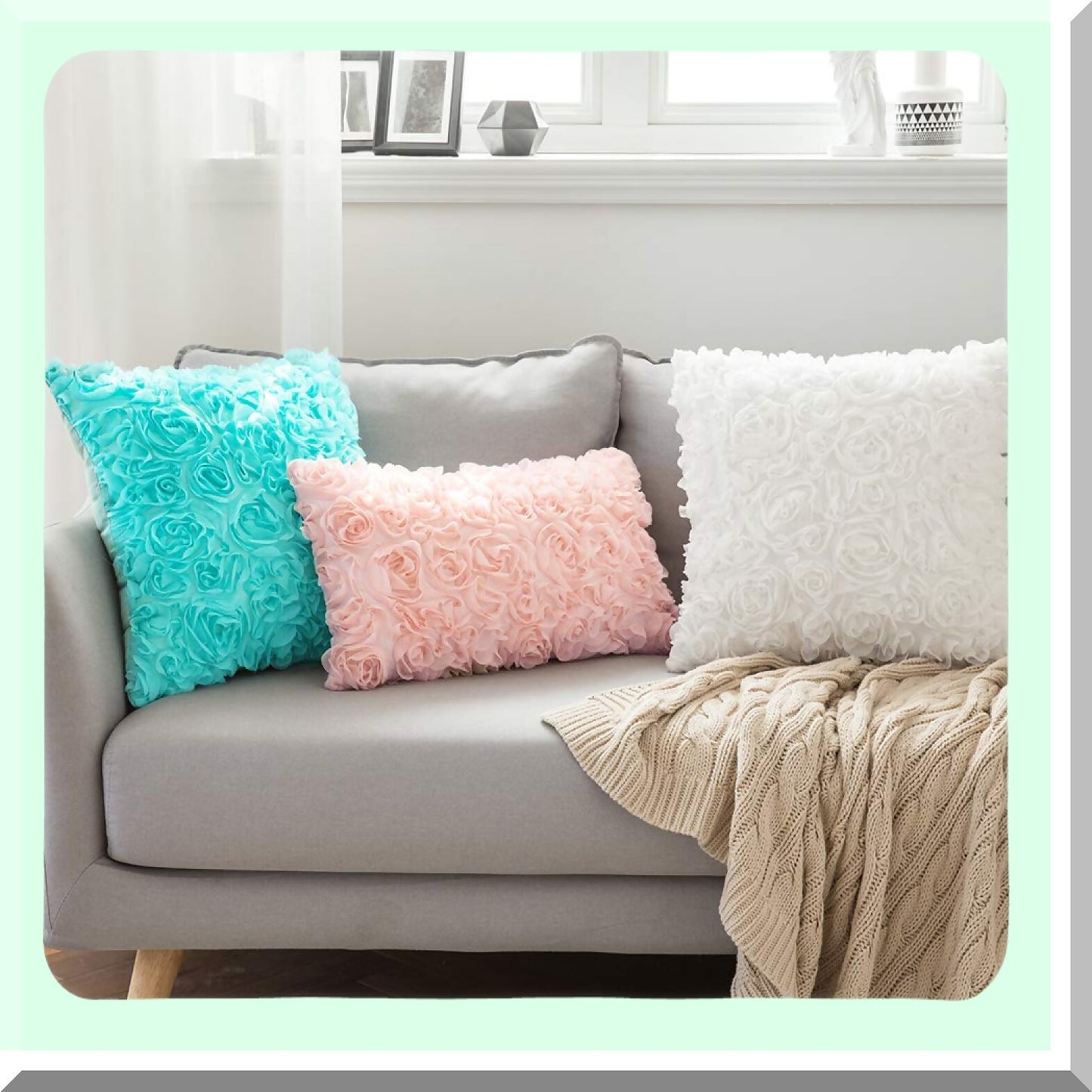 Romantic Rose Flower Pillowcase Set - Decorative Stereo Chiffon Square Pillow Cover for Sofa, Bedroom, Car - Aqua Valentines Day Decor - Pack of 2, 18x18 Inch