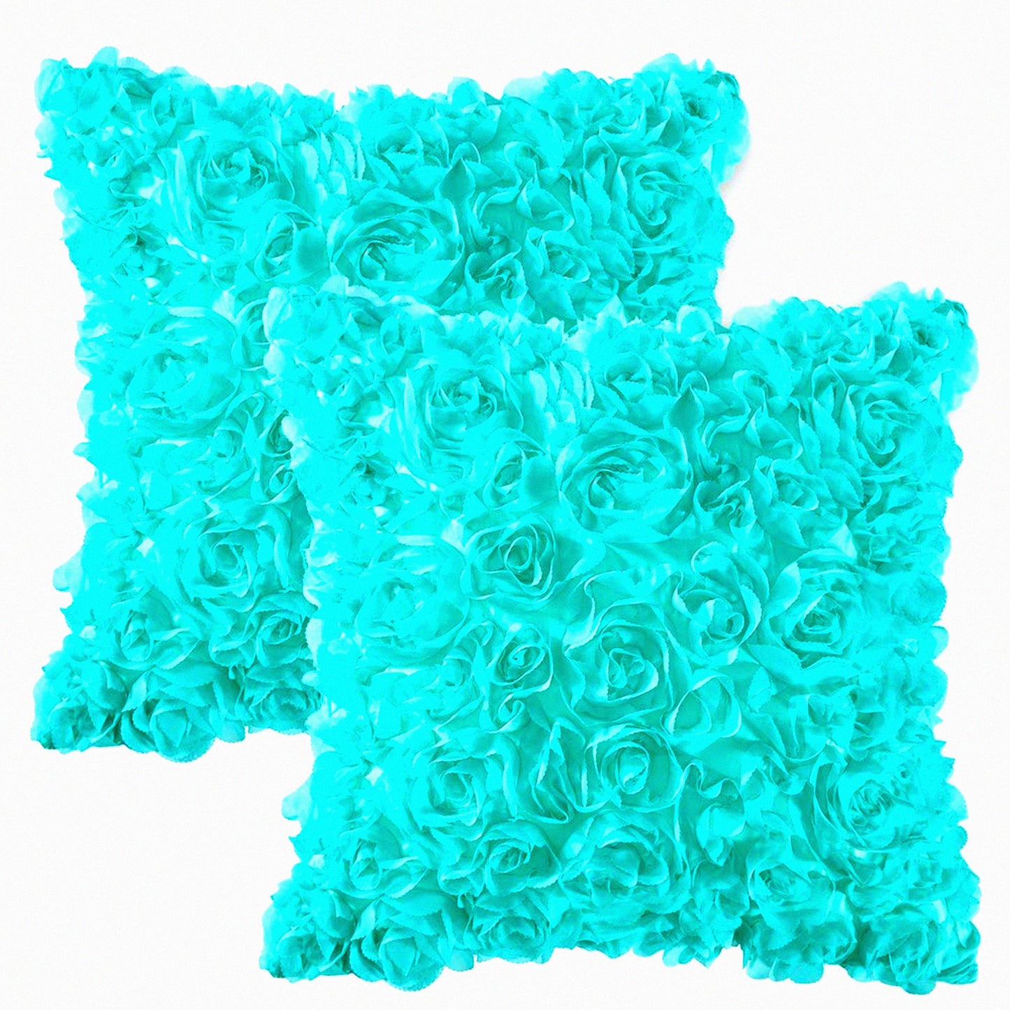 Romantic Rose Flower Pillowcase Set - Decorative Stereo Chiffon Square Pillow Cover for Sofa, Bedroom, Car - Aqua Valentines Day Decor - Pack of 2, 18x18 Inch