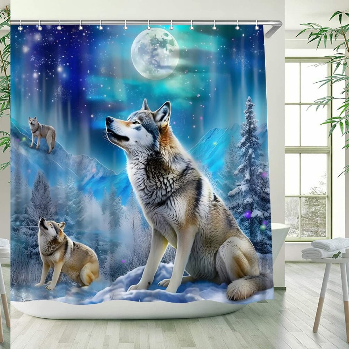 Wolf Shower Curtain Full Moon Snowy Winter Forest