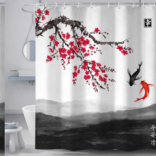 Cherry Blossom Red Shower Curtain with Hooks