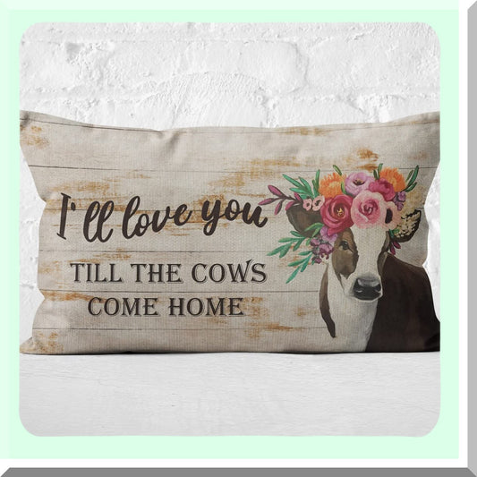 Floral Farmhouse Love Pillow Cover - Cow Print Throw Case for Sofa Bed Home Decor - Romantic Gift for Girlfriend Wife - 12x20 Inch Nursery Room Accent