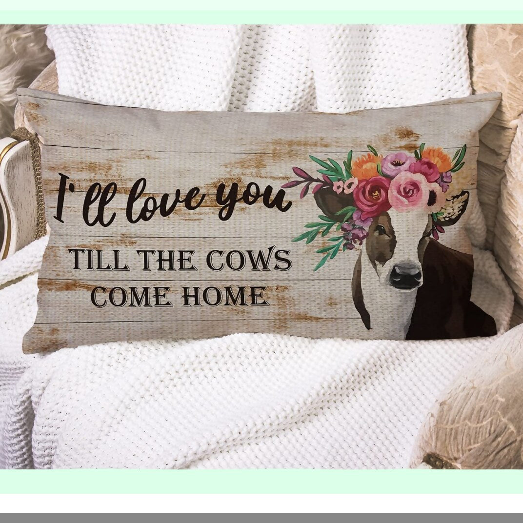 Floral Farmhouse Love Pillow Cover - Cow Print Throw Case for Sofa Bed Home Decor - Romantic Gift for Girlfriend Wife - 12x20 Inch Nursery Room Accent