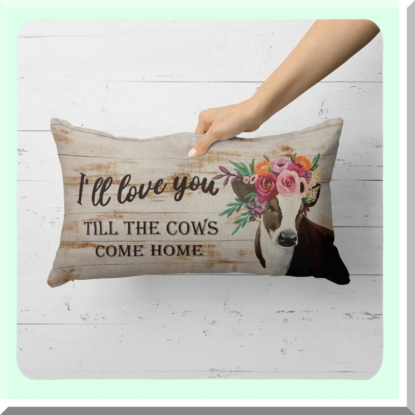Floral Farmhouse Love Pillow Cover - Cow Print Throw Case for Sofa Bed Home Decor - Romantic Gift for Girlfriend Wife - 12x20 Inch Nursery Room Accent