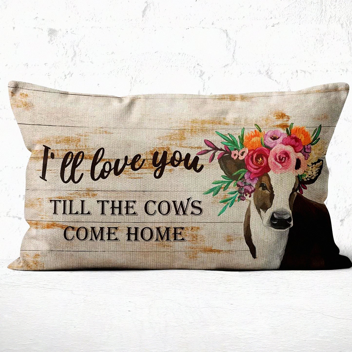Floral Farmhouse Love Pillow Cover - Cow Print Throw Case for Sofa Bed Home Decor - Romantic Gift for Girlfriend Wife - 12x20 Inch Nursery Room Accent
