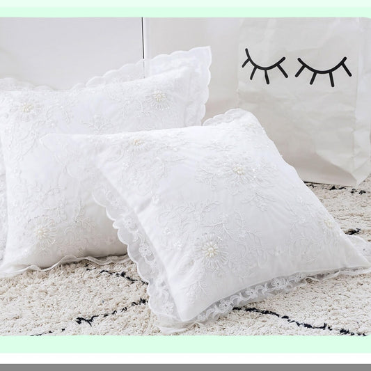 Vintage Ruffle Beaded Floral Pillow Covers - Set of 2 White 16x16 - Farmhouse Cottage Wedding Decor - High-End Embroidery Cushion Covers