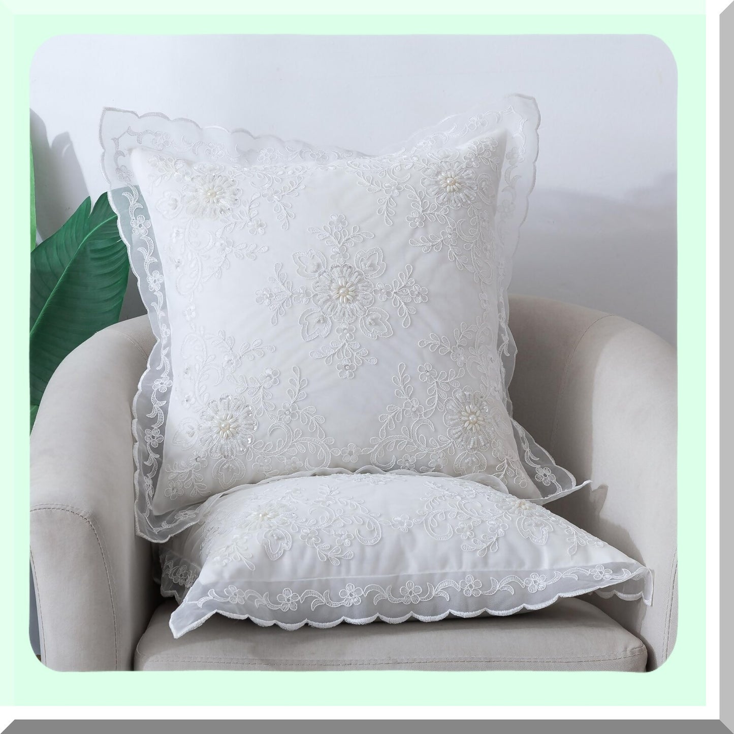 Vintage Ruffle Beaded Floral Pillow Covers - Set of 2 White 16x16 - Farmhouse Cottage Wedding Decor - High-End Embroidery Cushion Covers