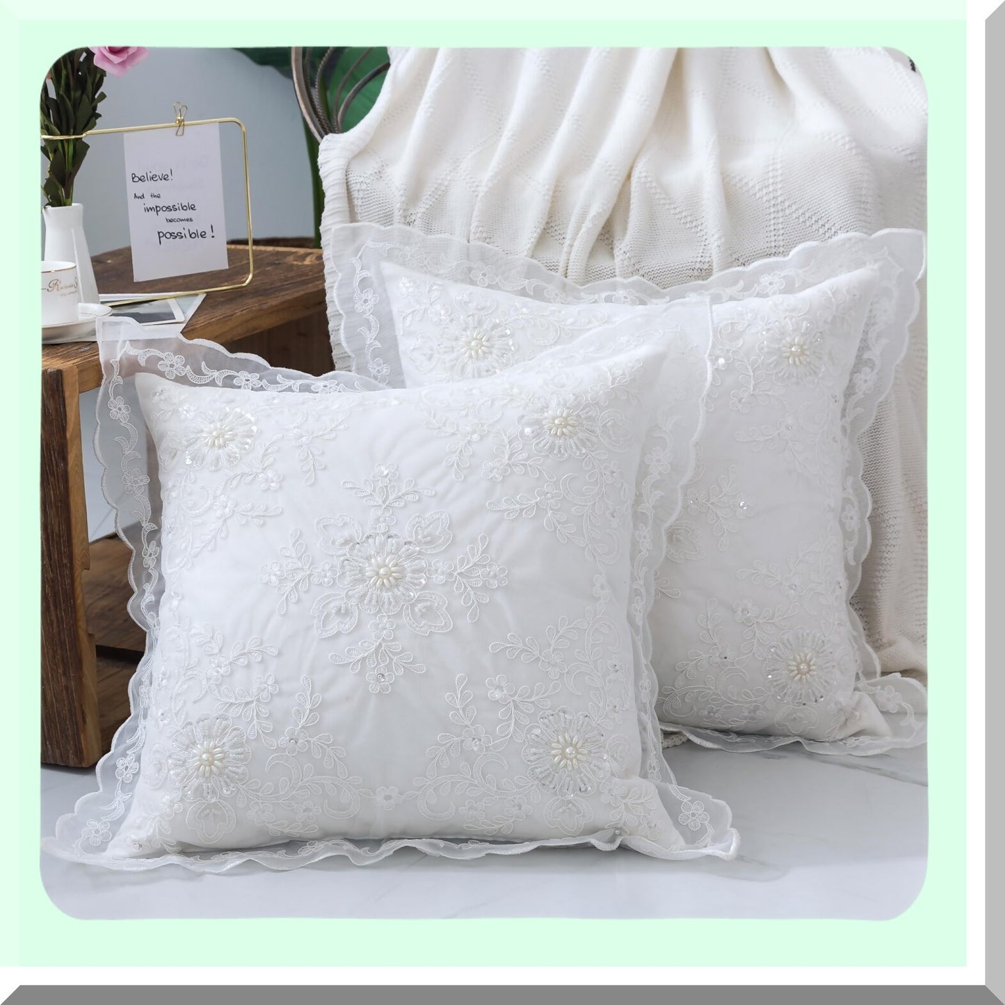 Vintage Ruffle Beaded Floral Pillow Covers - Set of 2 White 16x16 - Farmhouse Cottage Wedding Decor - High-End Embroidery Cushion Covers