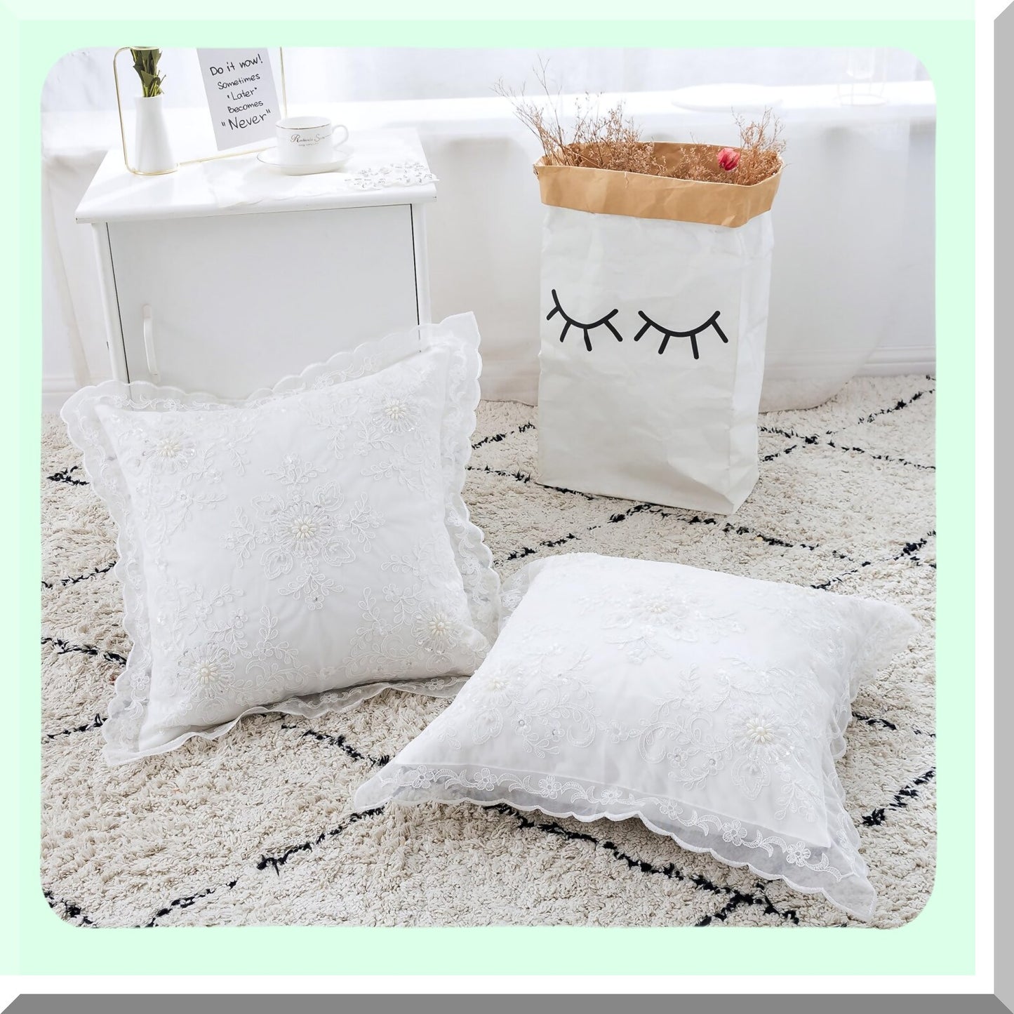 Vintage Ruffle Beaded Floral Pillow Covers - Set of 2 White 16x16 - Farmhouse Cottage Wedding Decor - High-End Embroidery Cushion Covers