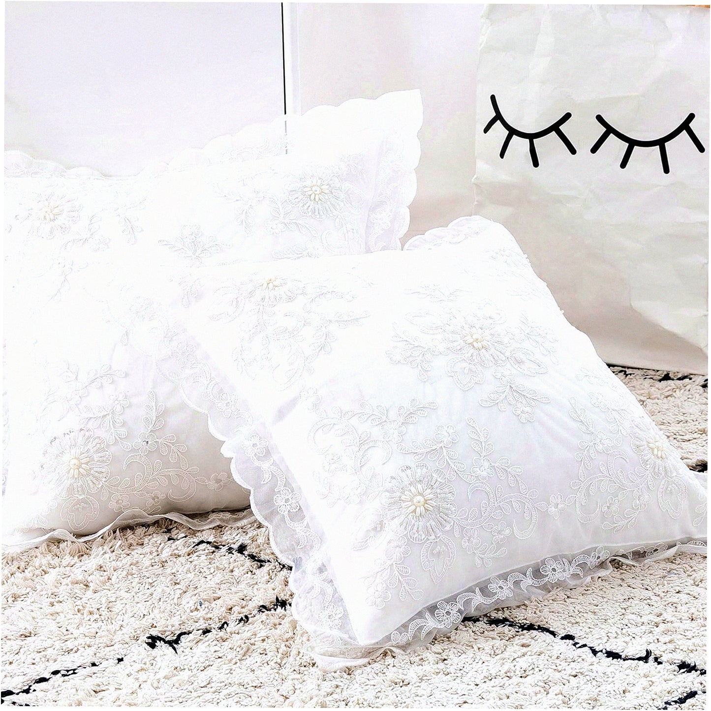 Vintage Ruffle Beaded Floral Pillow Covers - Set of 2 White 16x16 - Farmhouse Cottage Wedding Decor - High-End Embroidery Cushion Covers