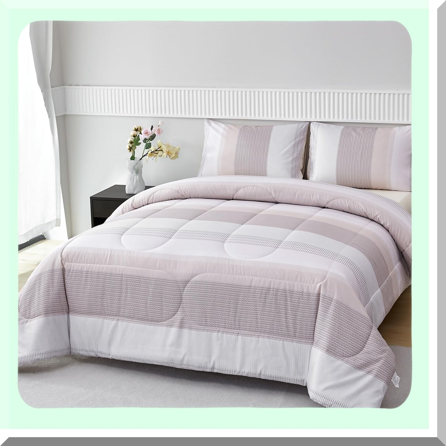 Multicolor Stripe Fluffy Comforter Set - Lightweight All Season Bedding with Pillowcases - Oatmeal Khaki Queen Quilt Set