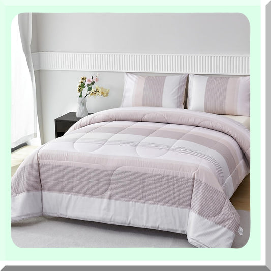 Multicolor Stripe Fluffy Comforter Set - Lightweight All Season Bedding with Pillowcases - Oatmeal Khaki Queen Quilt Set
