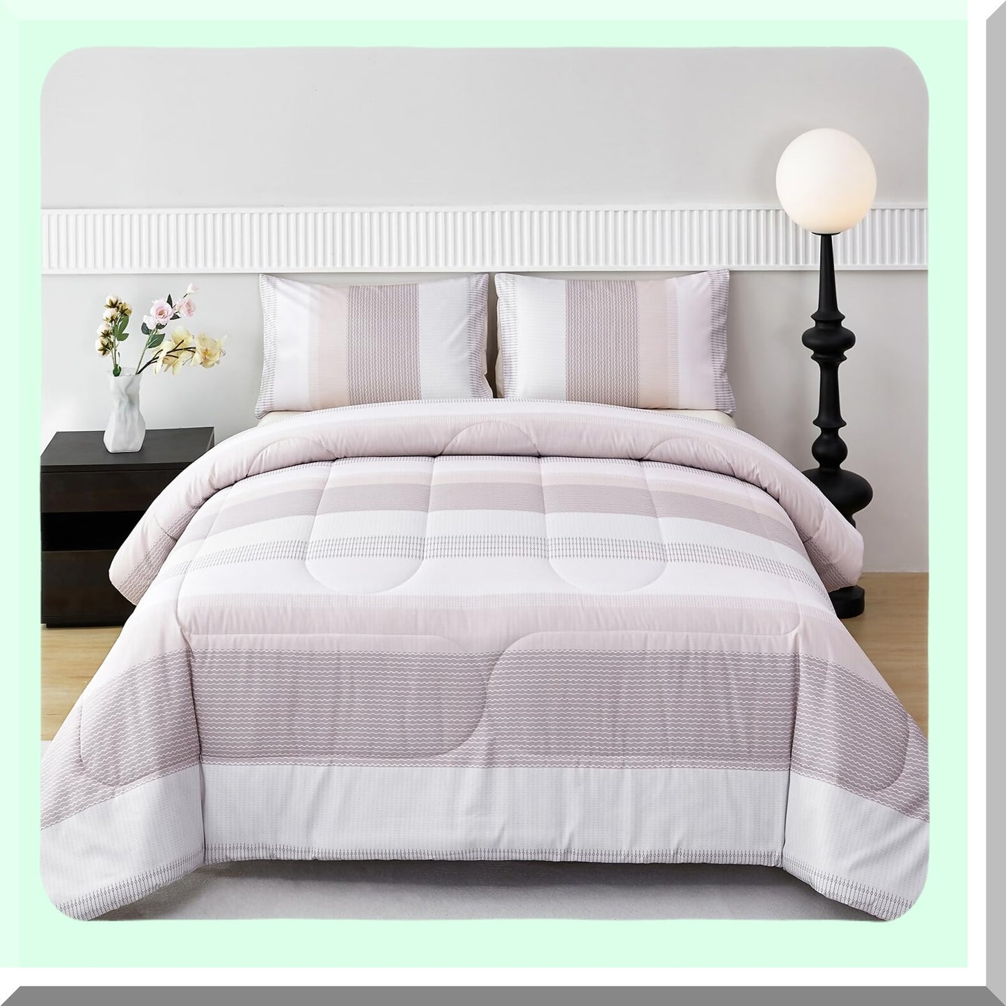Multicolor Stripe Fluffy Comforter Set - Lightweight All Season Bedding with Pillowcases - Oatmeal Khaki Queen Quilt Set
