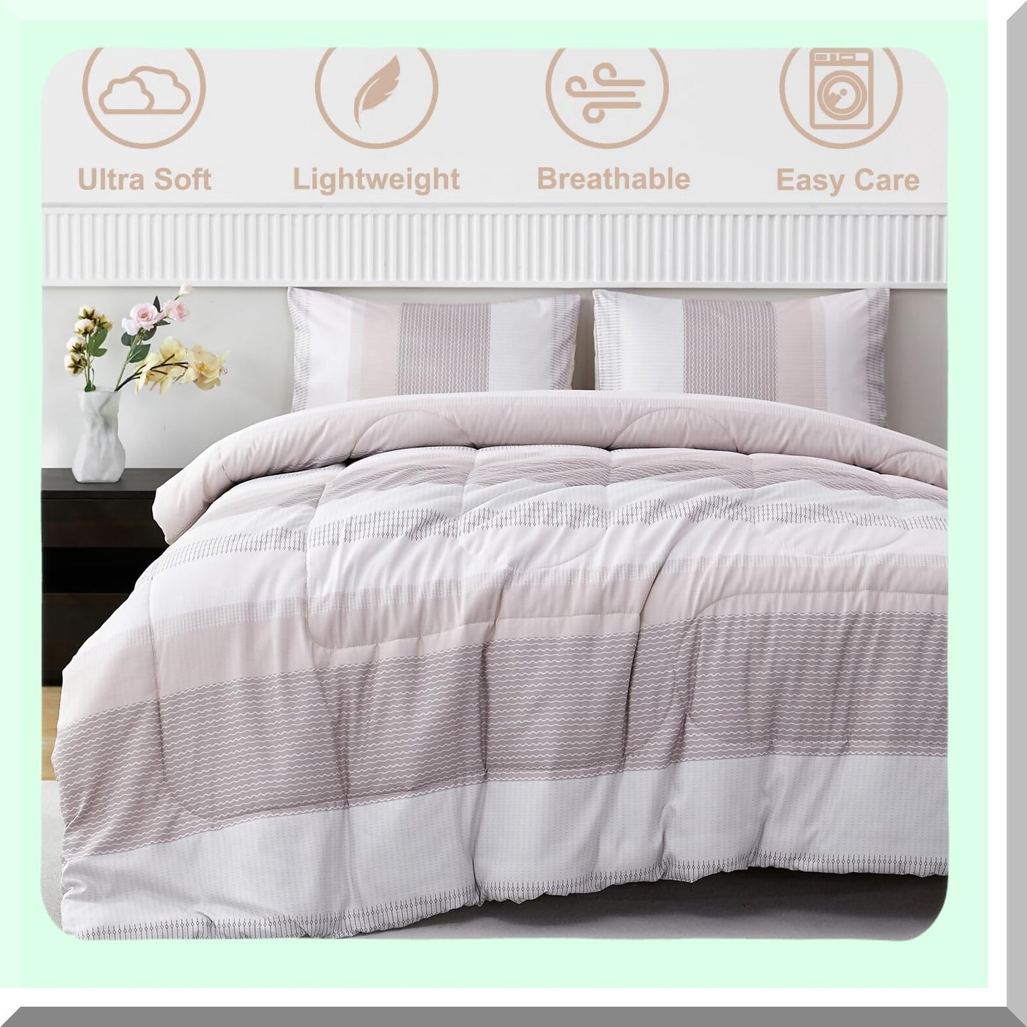 Multicolor Stripe Fluffy Comforter Set - Lightweight All Season Bedding with Pillowcases - Oatmeal Khaki Queen Quilt Set
