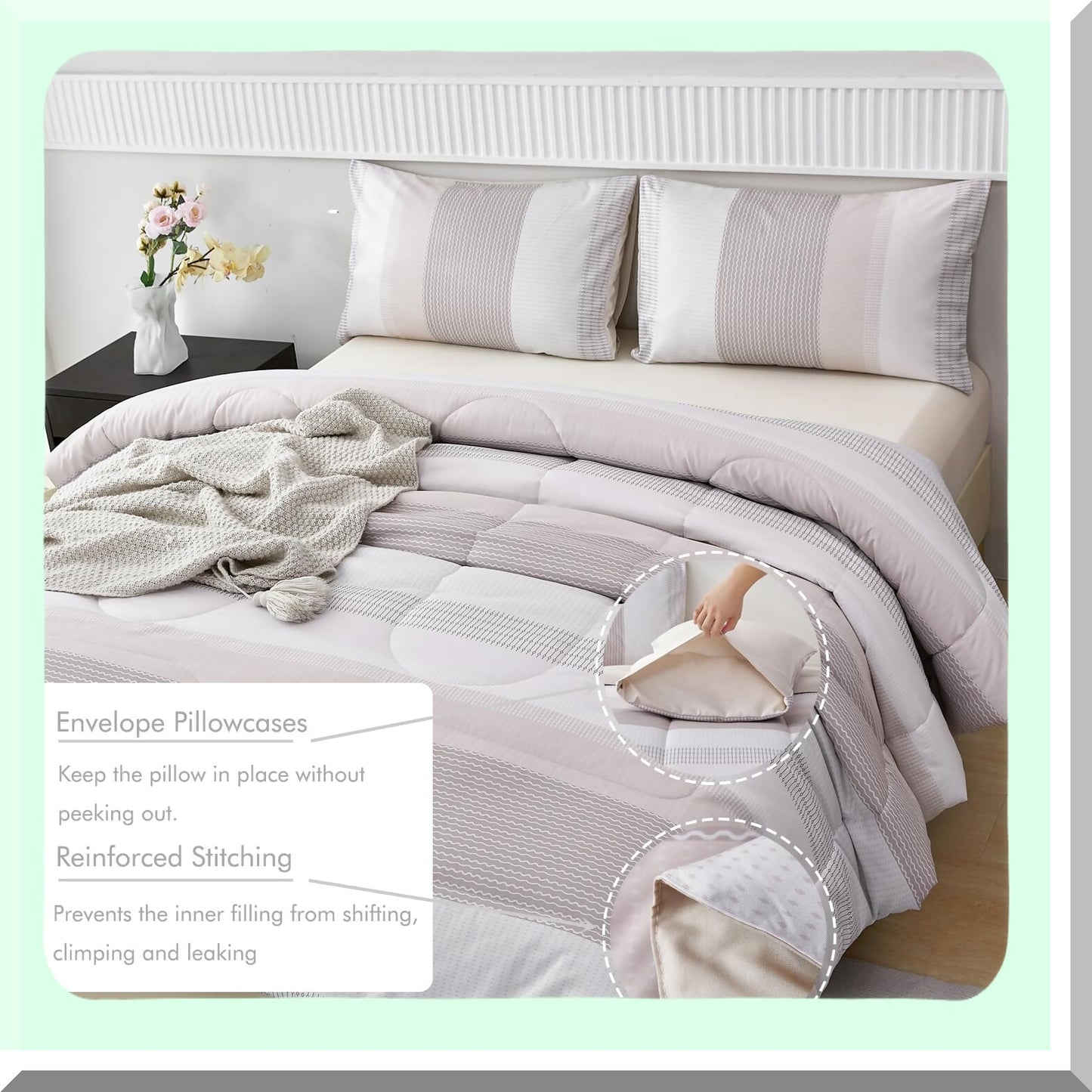 Multicolor Stripe Fluffy Comforter Set - Lightweight All Season Bedding with Pillowcases - Oatmeal Khaki Queen Quilt Set
