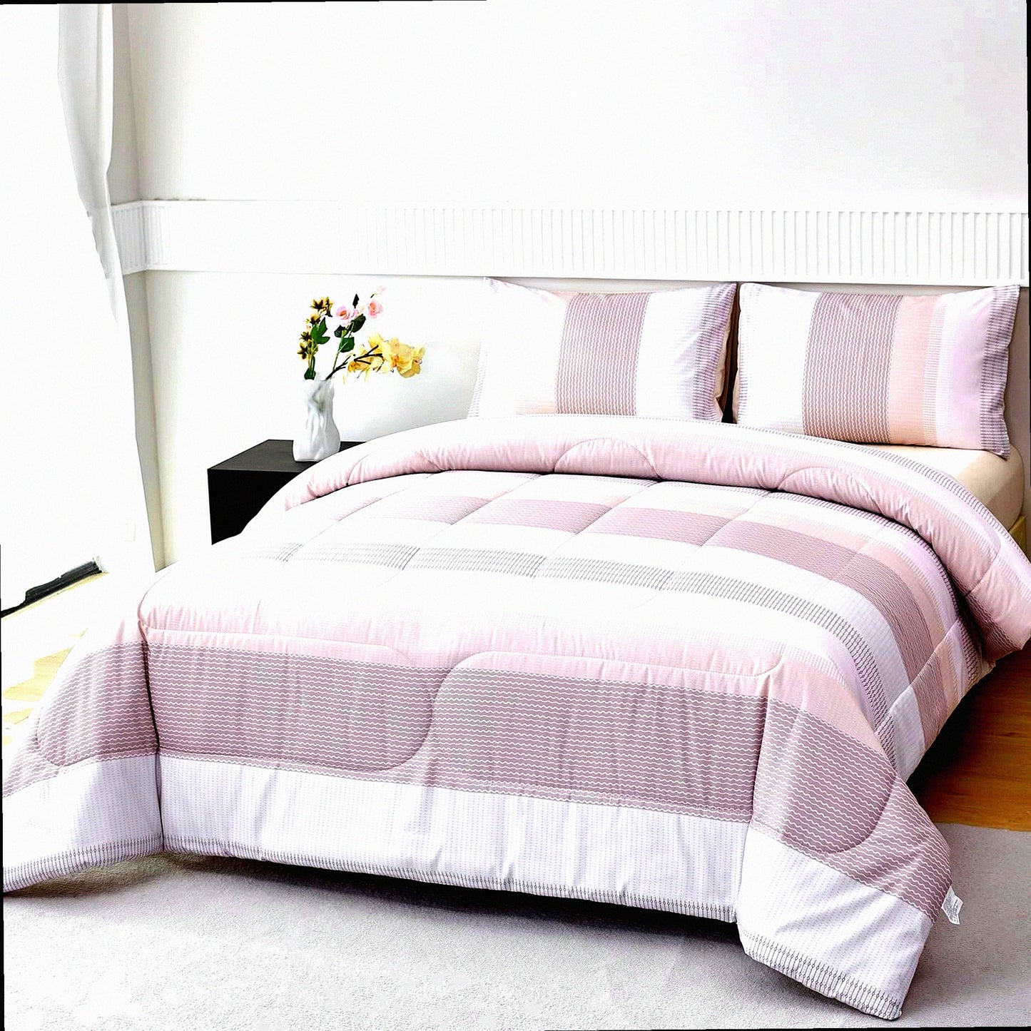 Multicolor Stripe Fluffy Comforter Set - Lightweight All Season Bedding with Pillowcases - Oatmeal Khaki Queen Quilt Set