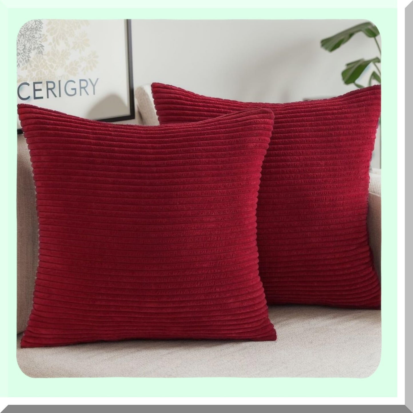 Burgundy Striped Corduroy Throw Pillow Covers - Set of 2, 18x18 Inch Decorative Cushion Cases for Living Room, Bed, Sofa, Car - Soft Neutral Home Decoration