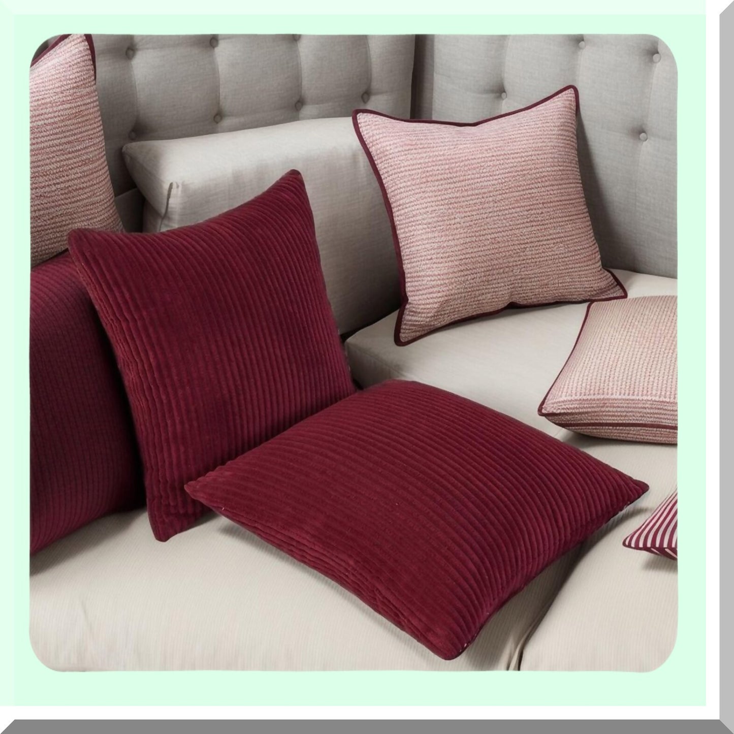 Burgundy Striped Corduroy Throw Pillow Covers - Set of 2, 18x18 Inch Decorative Cushion Cases for Living Room, Bed, Sofa, Car - Soft Neutral Home Decoration