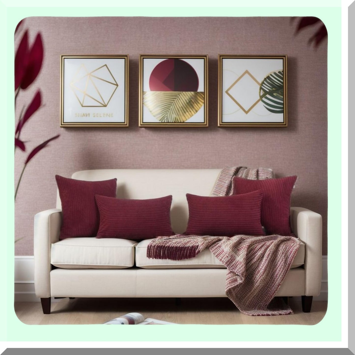Burgundy Striped Corduroy Throw Pillow Covers - Set of 2, 18x18 Inch Decorative Cushion Cases for Living Room, Bed, Sofa, Car - Soft Neutral Home Decoration