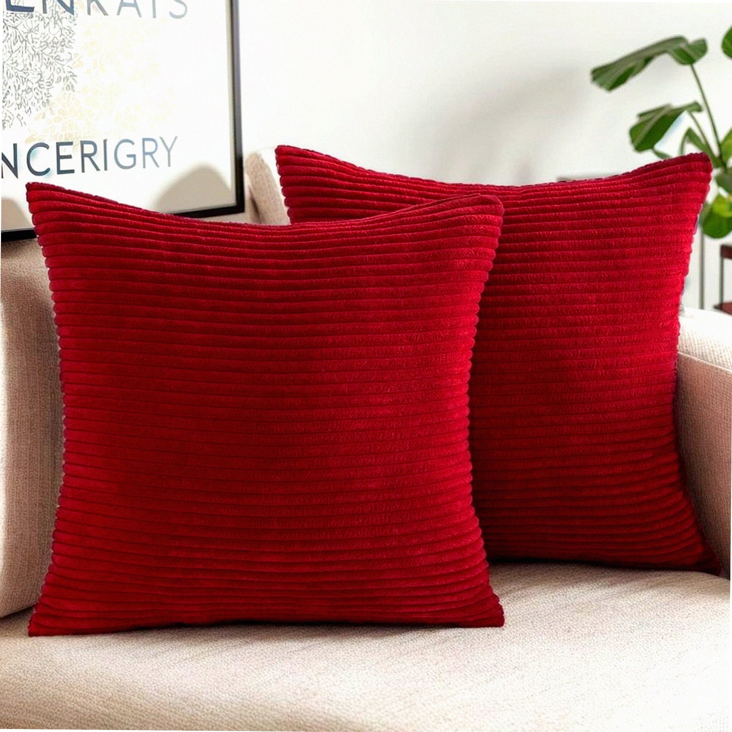 Burgundy Striped Corduroy Throw Pillow Covers - Set of 2, 18x18 Inch Decorative Cushion Cases for Living Room, Bed, Sofa, Car - Soft Neutral Home Decoration
