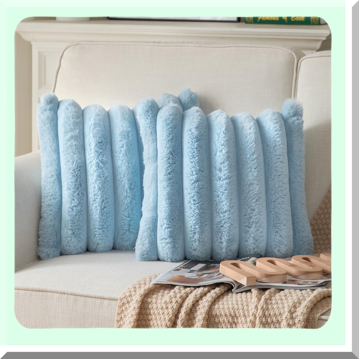 Luxury Fuzzy Stripe Plush Pillowcase Set - Soft Cozy Decorative Throw Pillow Covers for Couch, Sofa - Blue 18x18 Inch - Living Room Décor