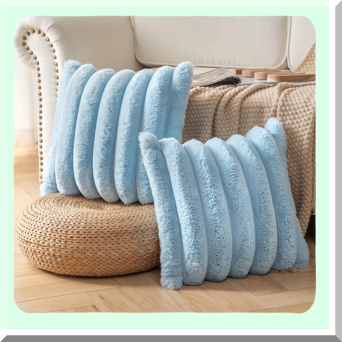 Luxury Fuzzy Stripe Plush Pillowcase Set - Soft Cozy Decorative Throw Pillow Covers for Couch, Sofa - Blue 18x18 Inch - Living Room Décor