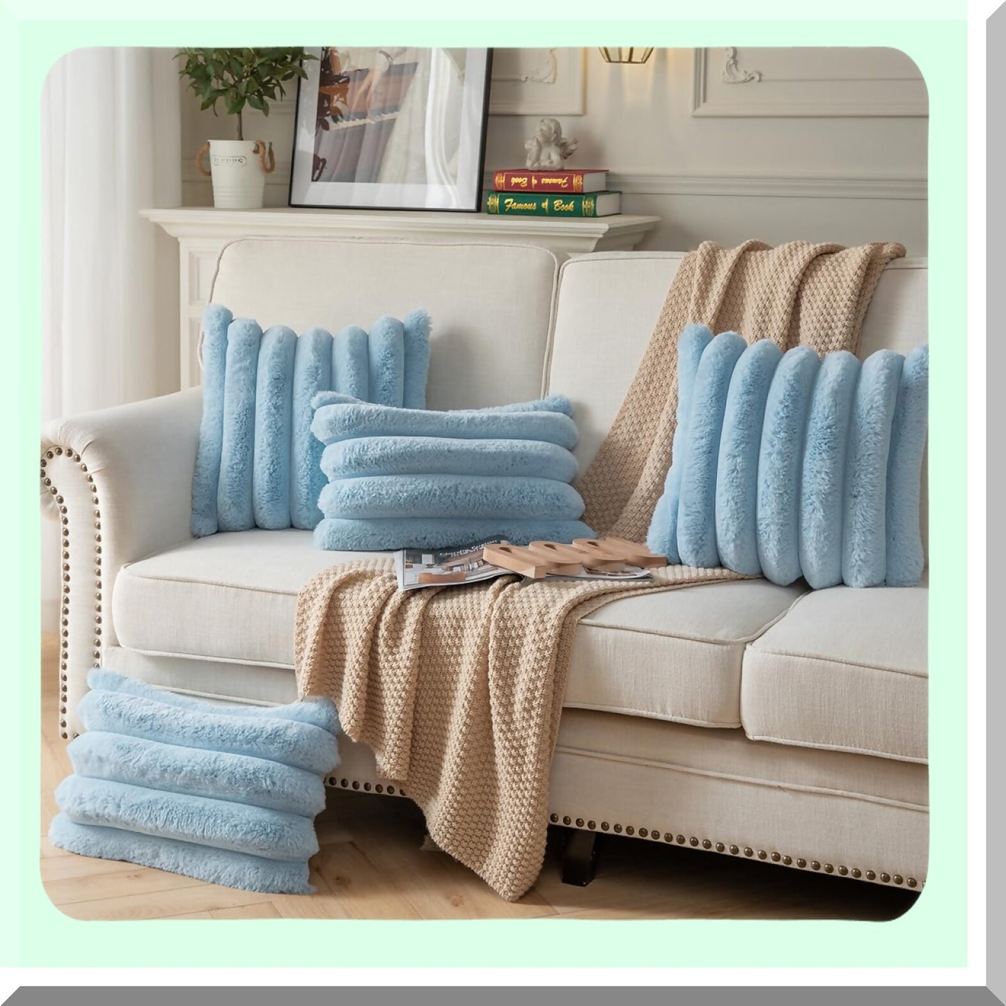 Luxury Fuzzy Stripe Plush Pillowcase Set - Soft Cozy Decorative Throw Pillow Covers for Couch, Sofa - Blue 18x18 Inch - Living Room Décor