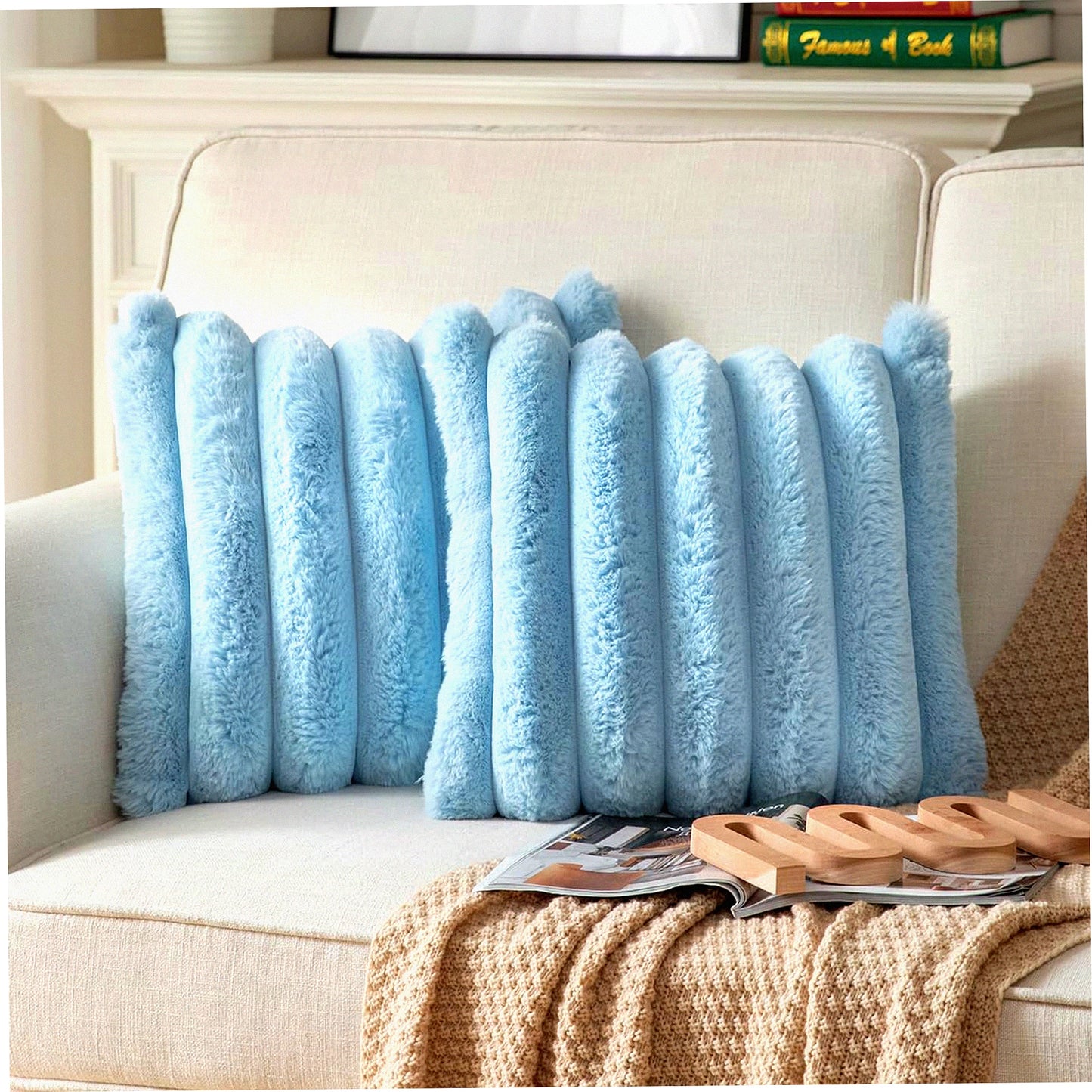 Luxury Fuzzy Stripe Plush Pillowcase Set - Soft Cozy Decorative Throw Pillow Covers for Couch, Sofa - Blue 18x18 Inch - Living Room Décor