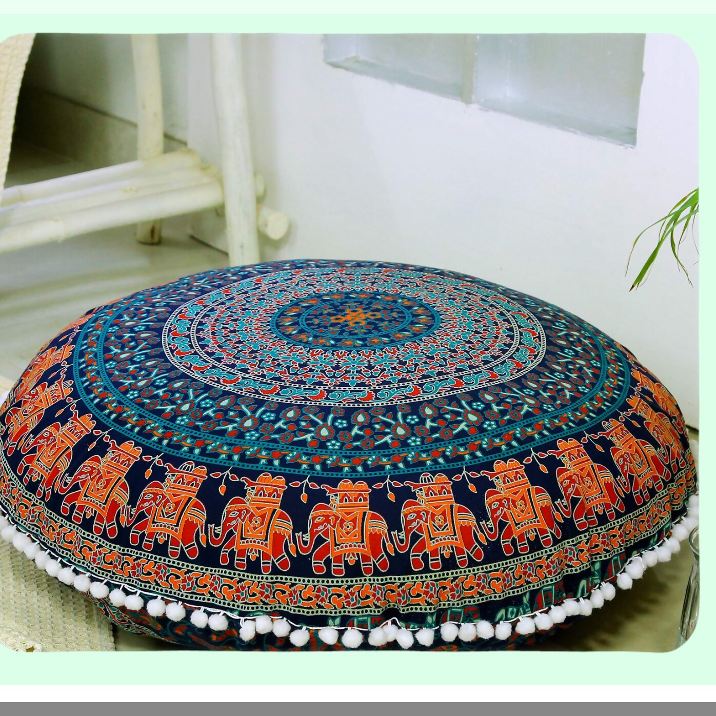 Bohemian Blue Pom Pom Floor Pillow Cover - Large Round Cushion for Hippie Yoga Decor with Soft Particles - 32 Inch Pouf Cover