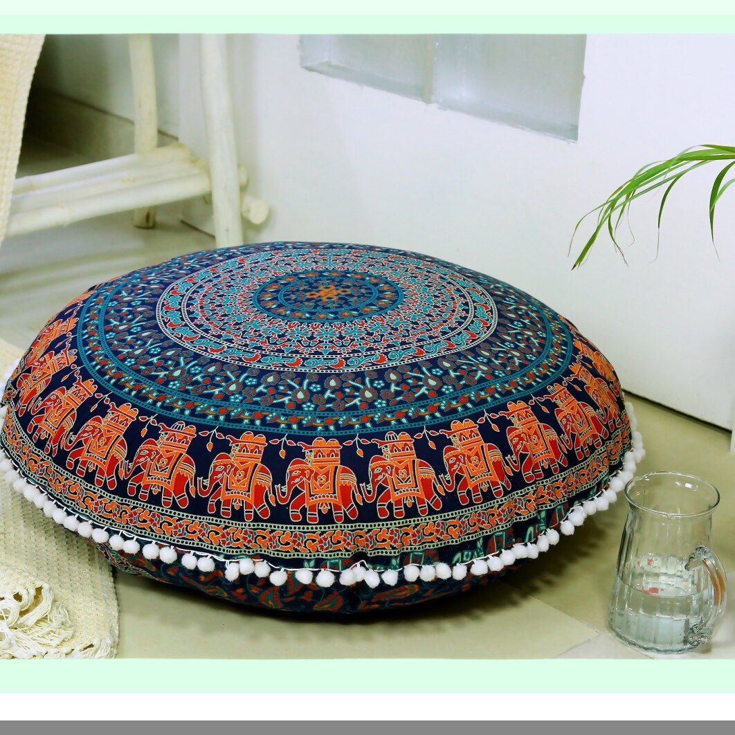 Bohemian Blue Pom Pom Floor Pillow Cover - Large Round Cushion for Hippie Yoga Decor with Soft Particles - 32 Inch Pouf Cover