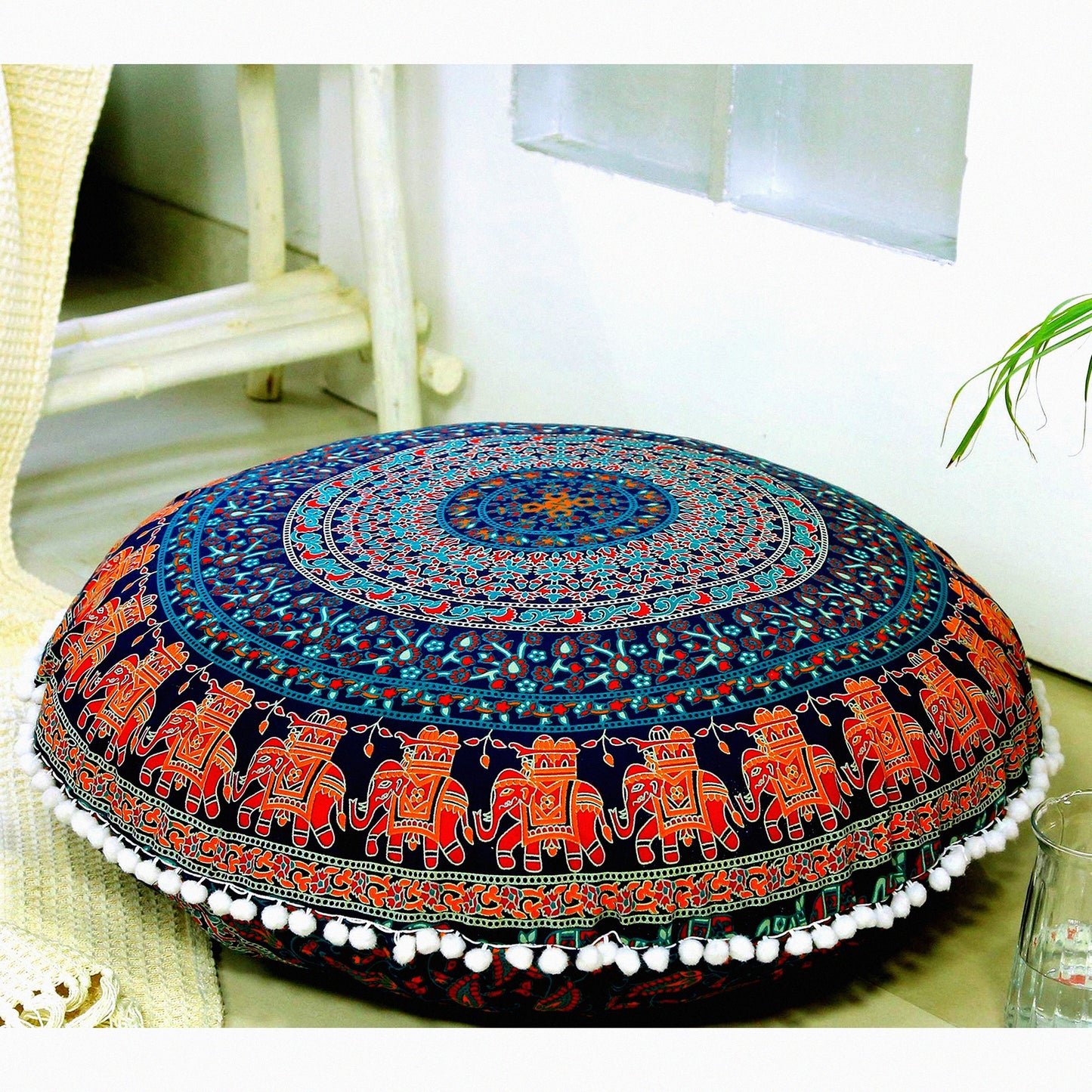 Bohemian Blue Pom Pom Floor Pillow Cover - Large Round Cushion for Hippie Yoga Decor with Soft Particles - 32 Inch Pouf Cover
