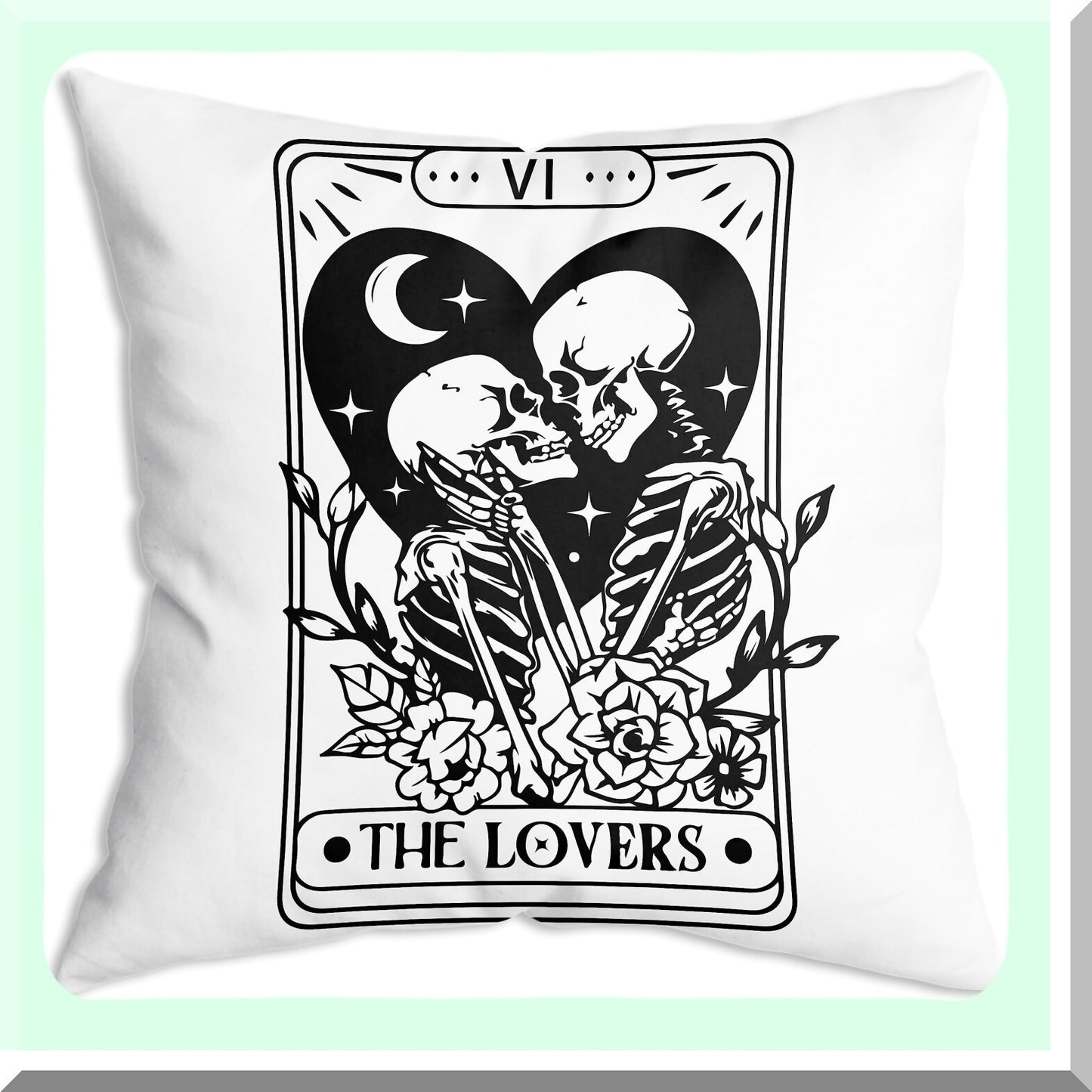 Skeleton Love Tarot Cushion Cover - 18x18 Inch Soft Throw Pillow for Sofa, Couch, Bed - Lovers Tarot Card Decor - Skeleton Love Theme