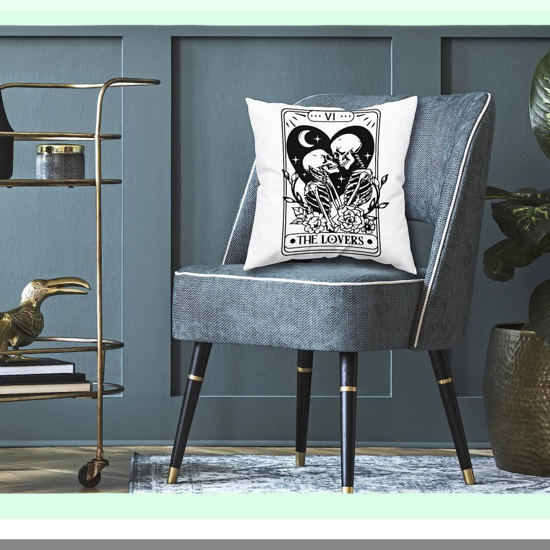 Skeleton Love Tarot Cushion Cover - 18x18 Inch Soft Throw Pillow for Sofa, Couch, Bed - Lovers Tarot Card Decor - Skeleton Love Theme