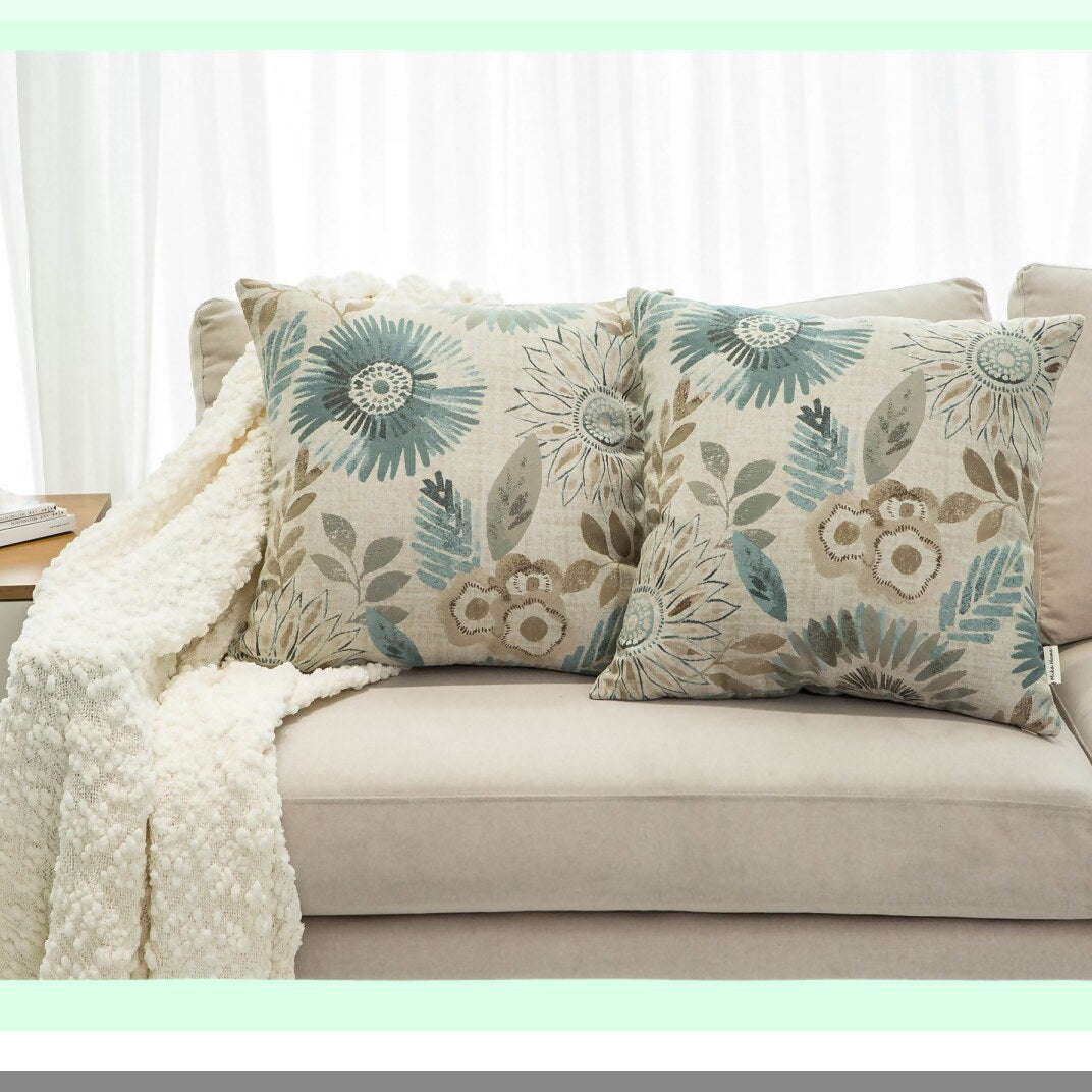 Sunflower Bliss Decorative Pillow Covers - Set of 2, 20x20 Inches, Blue Cream - Sofa Couch Bed Cushion Cases - Home Decor Accent Pieces