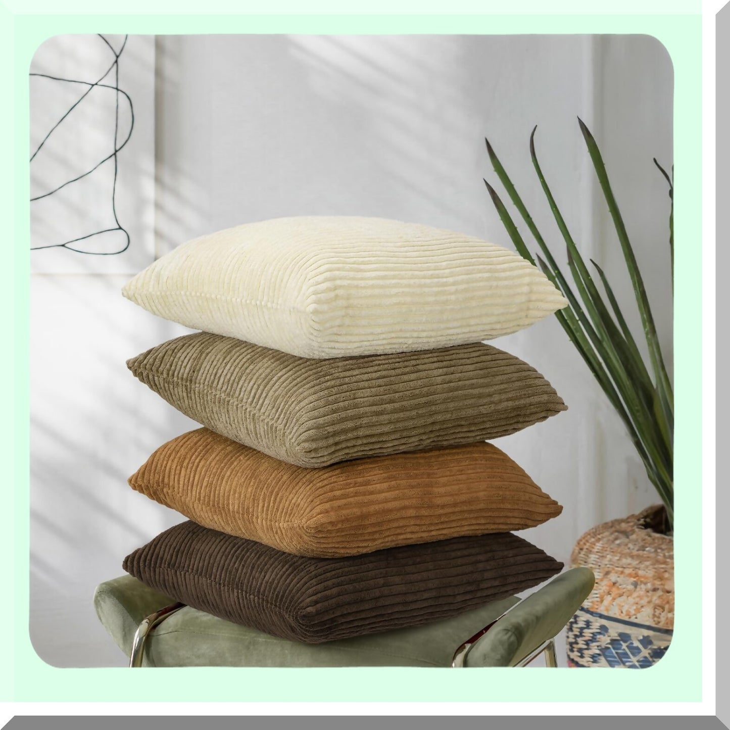 Modern Stripe Corduroy Pillow Covers - Set of 4 Soft Square Throw Cases for Living Room, Bedroom, Sofa, Car, Office Decor - Multi-Color Matching - 18x18 Inches - Brown