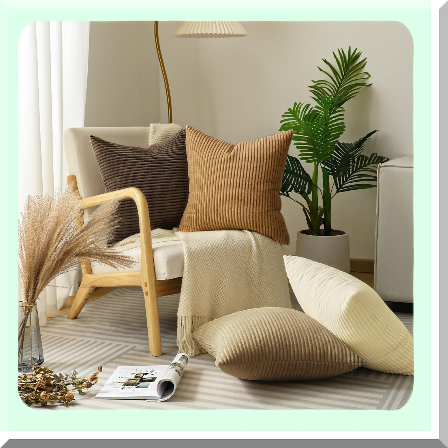 Modern Stripe Corduroy Pillow Covers - Set of 4 Soft Square Throw Cases for Living Room, Bedroom, Sofa, Car, Office Decor - Multi-Color Matching - 18x18 Inches - Brown