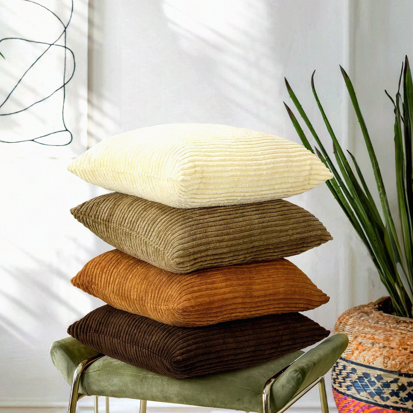 Modern Stripe Corduroy Pillow Covers - Set of 4 Soft Square Throw Cases for Living Room, Bedroom, Sofa, Car, Office Decor - Multi-Color Matching - 18x18 Inches - Brown
