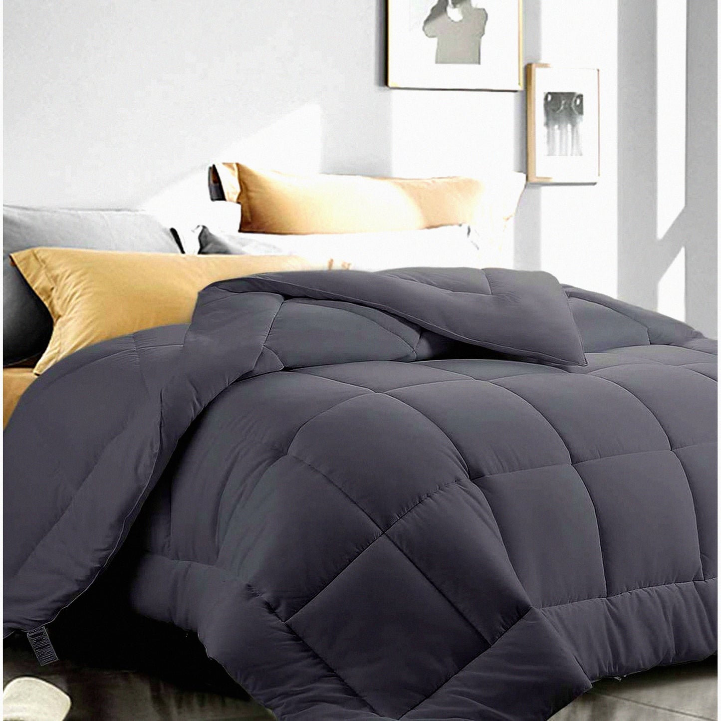 CoolMax All Season Queen Size Comforter - Moisture Wicking Duvet Insert for Night Sweats - Dark Grey Lightweight Bedding with Corner Tabs - 88"x88"