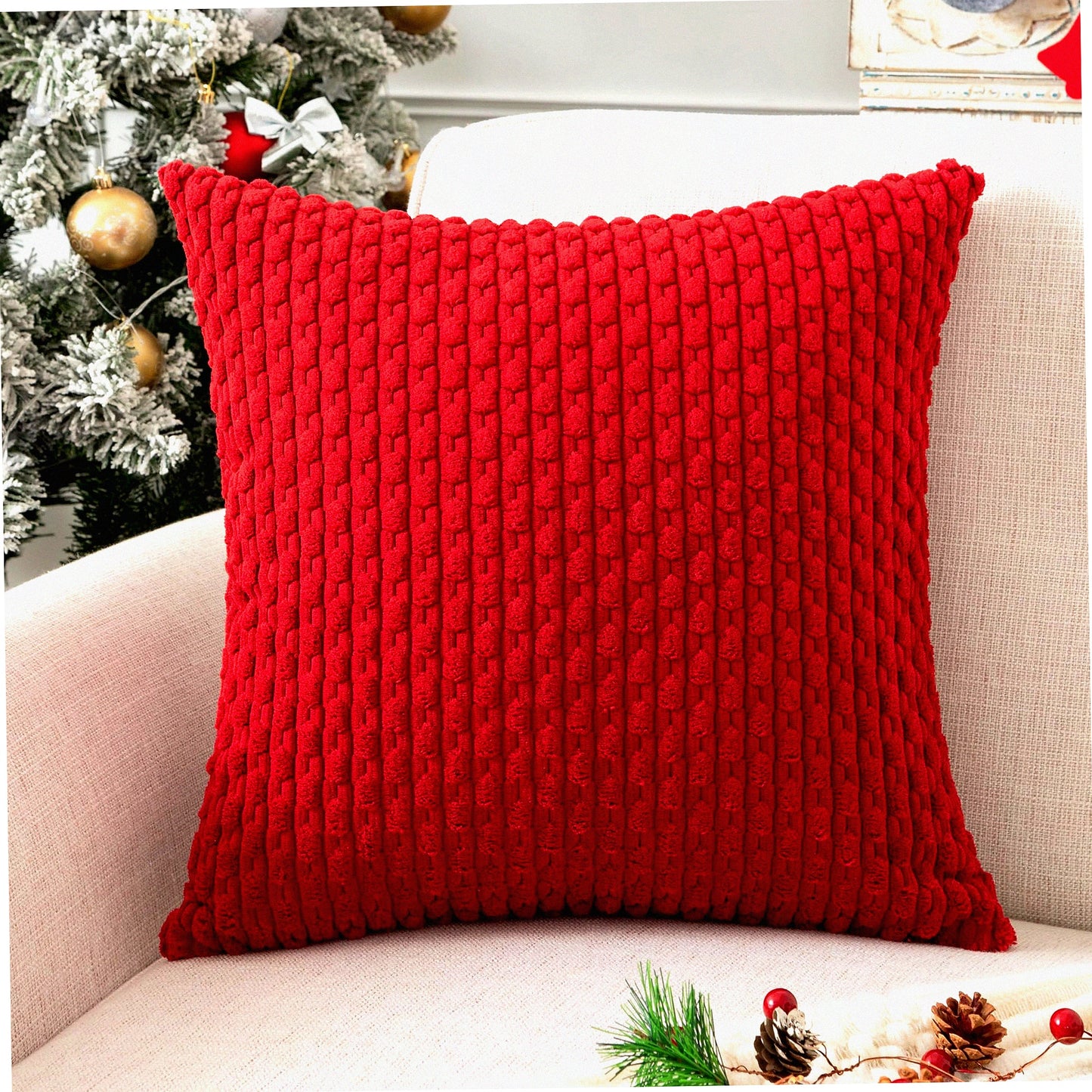 Burgundy Boho Stripe Corduroy Pillow Cover - Soft 20x20 Inch Decorative Throw for Modern Home Decor on Sofa, Living Room, Couch, Bed - 1 Piece