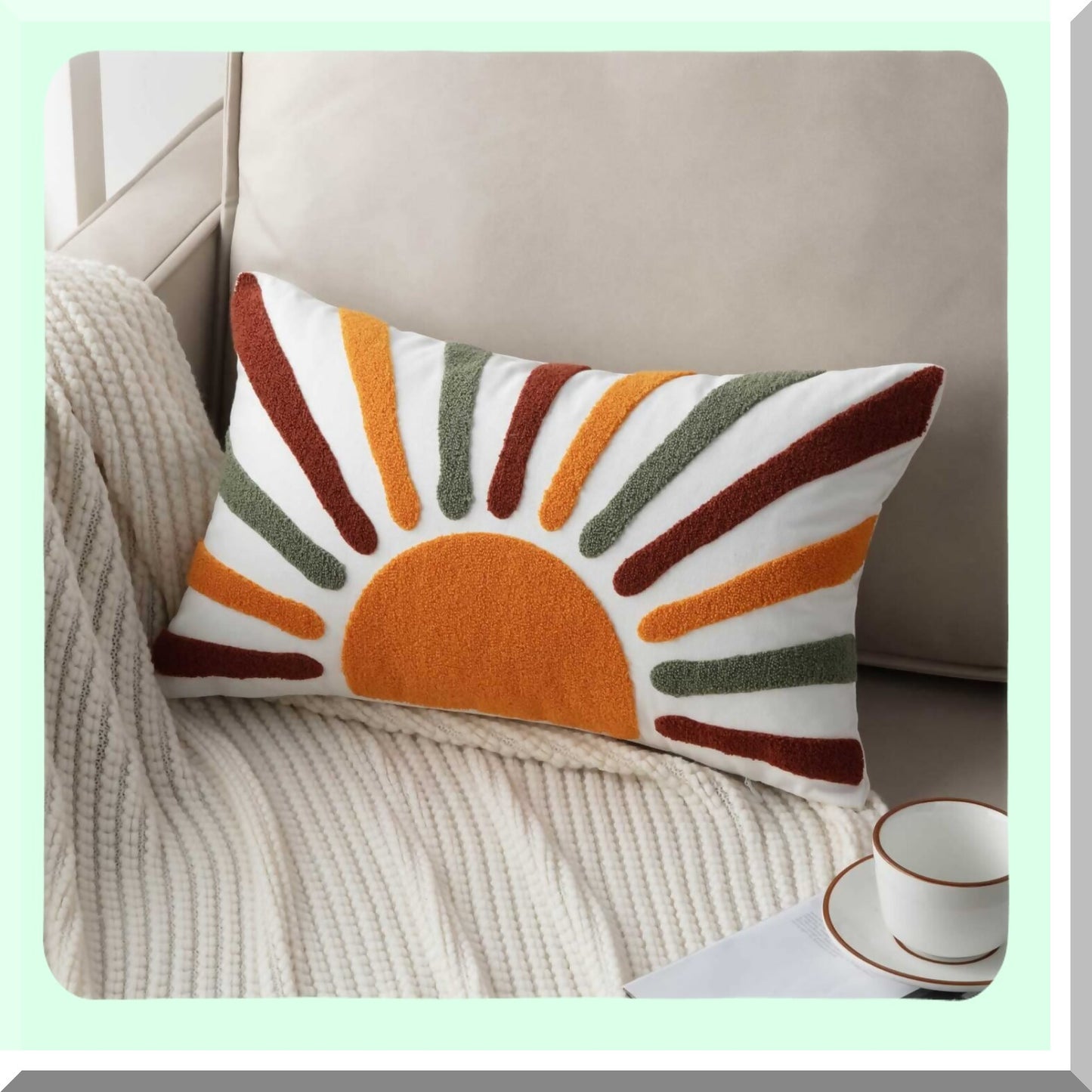 BohoSun Embroidered Lumbar Pillow Cover - Decorative Bohemian Style Throw Pillow Cover for 12x20 Inches - Sun Design - Cover Only