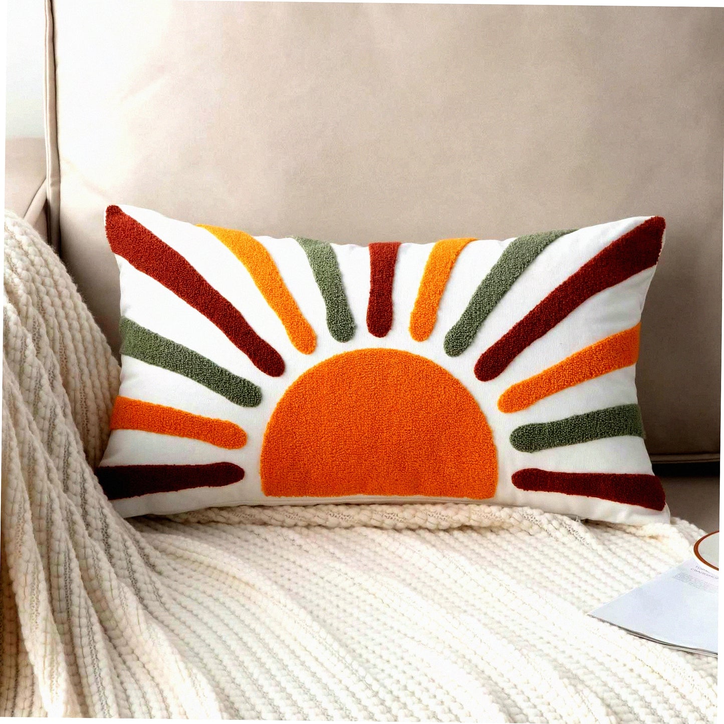BohoSun Embroidered Lumbar Pillow Cover - Decorative Bohemian Style Throw Pillow Cover for 12x20 Inches - Sun Design - Cover Only
