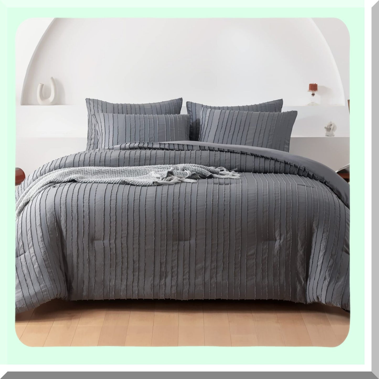 Boho Stripe Tufted Comforter Set - Twin Size 5 Pc Bedding Bundle with Lightweight Fluffy Comforter, Microfiber Sheets, Pillowcases - Gray