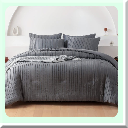 Boho Stripe Tufted Comforter Set - Twin Size 5 Pc Bedding Bundle with Lightweight Fluffy Comforter, Microfiber Sheets, Pillowcases - Gray