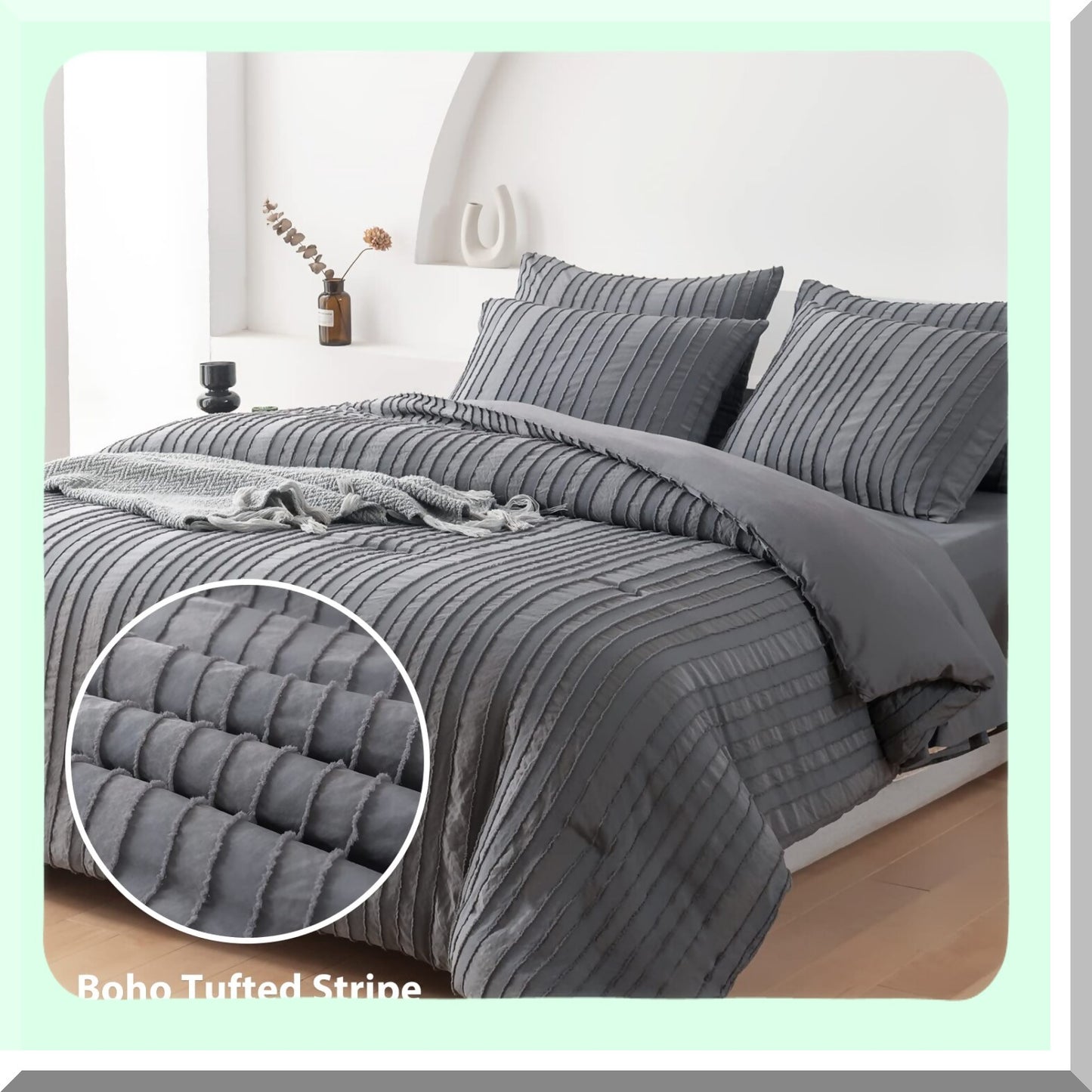 Boho Stripe Tufted Comforter Set - Twin Size 5 Pc Bedding Bundle with Lightweight Fluffy Comforter, Microfiber Sheets, Pillowcases - Gray