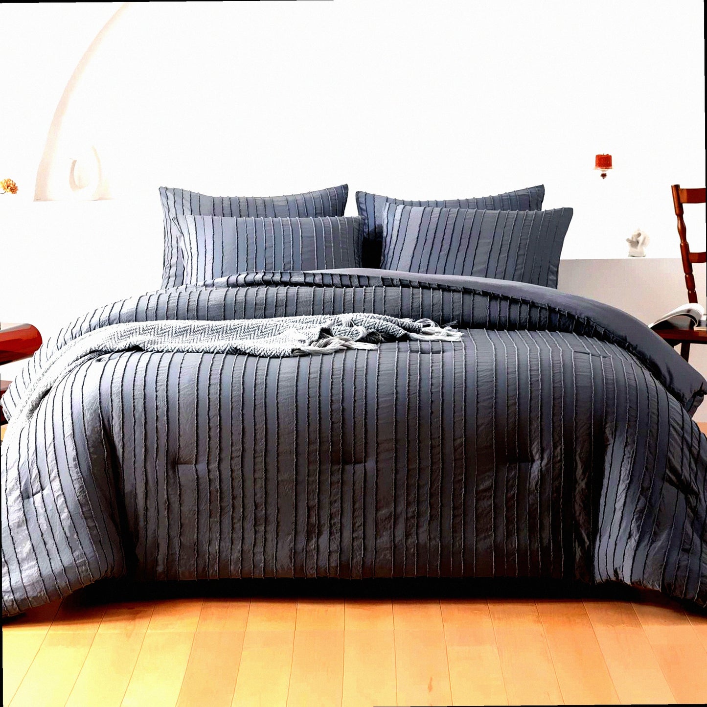 Boho Stripe Tufted Comforter Set - Twin Size 5 Pc Bedding Bundle with Lightweight Fluffy Comforter, Microfiber Sheets, Pillowcases - Gray