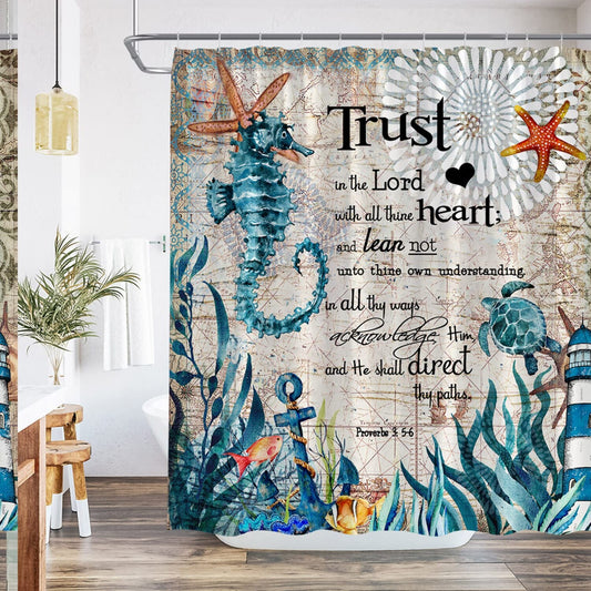 Green Sea Turtle Seahorse Shower Curtain 70x70 Inches