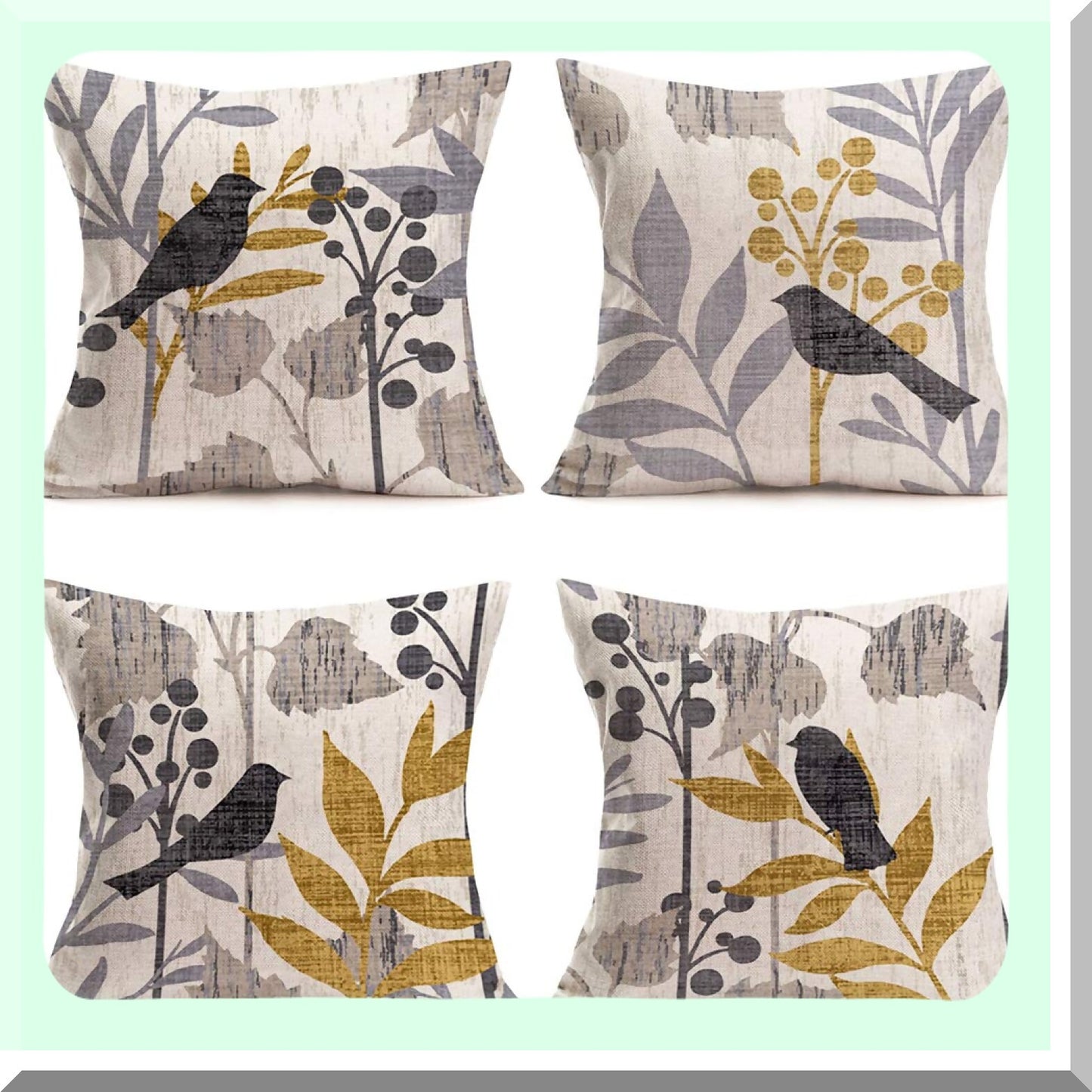 Vintage Birds & Leaves Decorative Pillow Covers - Set of 4 | Retro Rustic Farm Grey Birds on Tree Branch | Spring Summer Home Decor 18x18