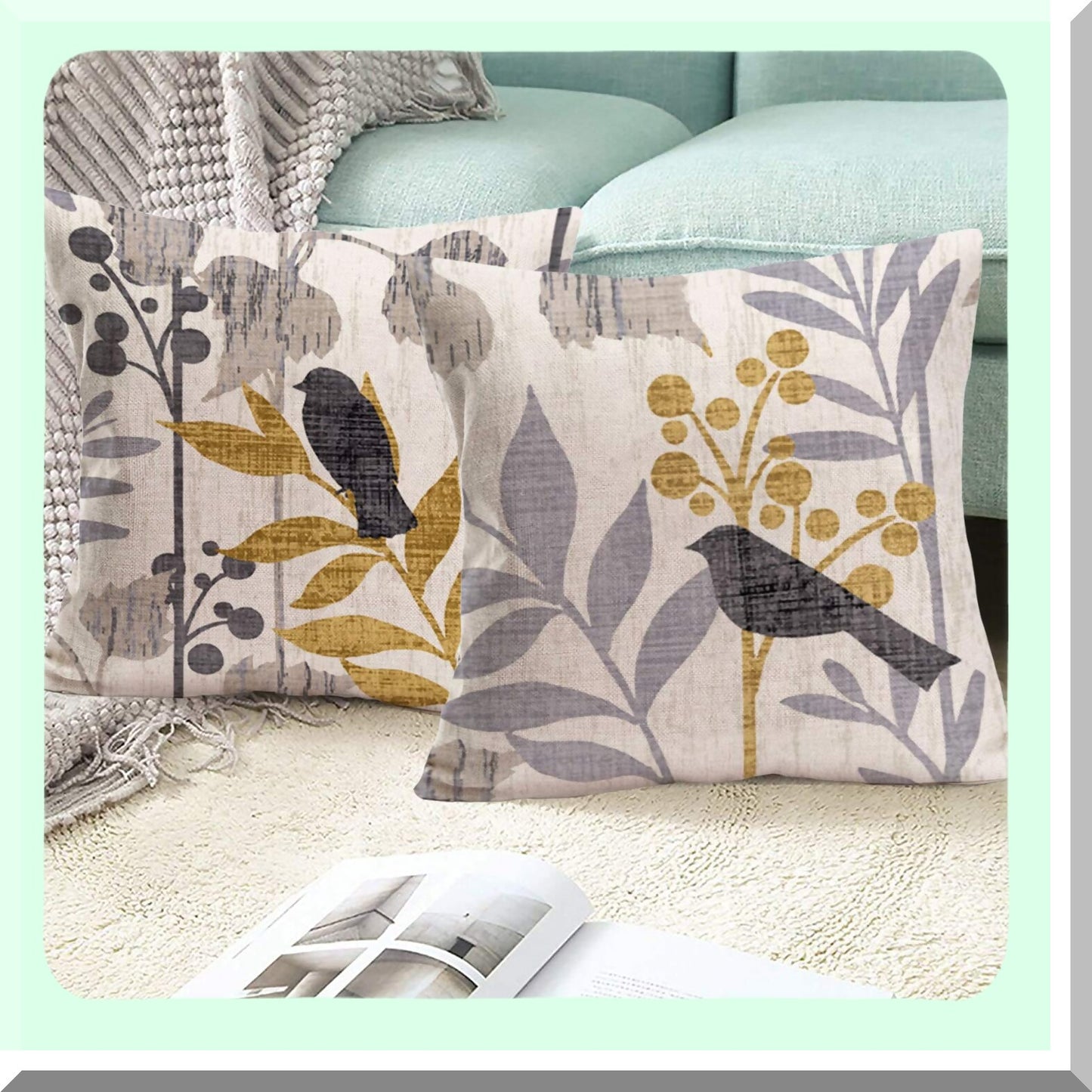 Vintage Birds & Leaves Decorative Pillow Covers - Set of 4 | Retro Rustic Farm Grey Birds on Tree Branch | Spring Summer Home Decor 18x18