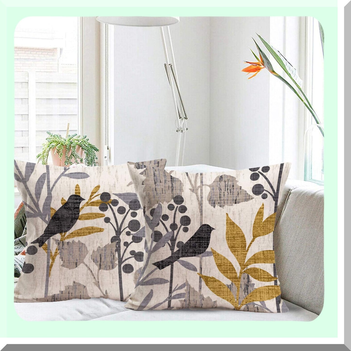 Vintage Birds & Leaves Decorative Pillow Covers - Set of 4 | Retro Rustic Farm Grey Birds on Tree Branch | Spring Summer Home Decor 18x18