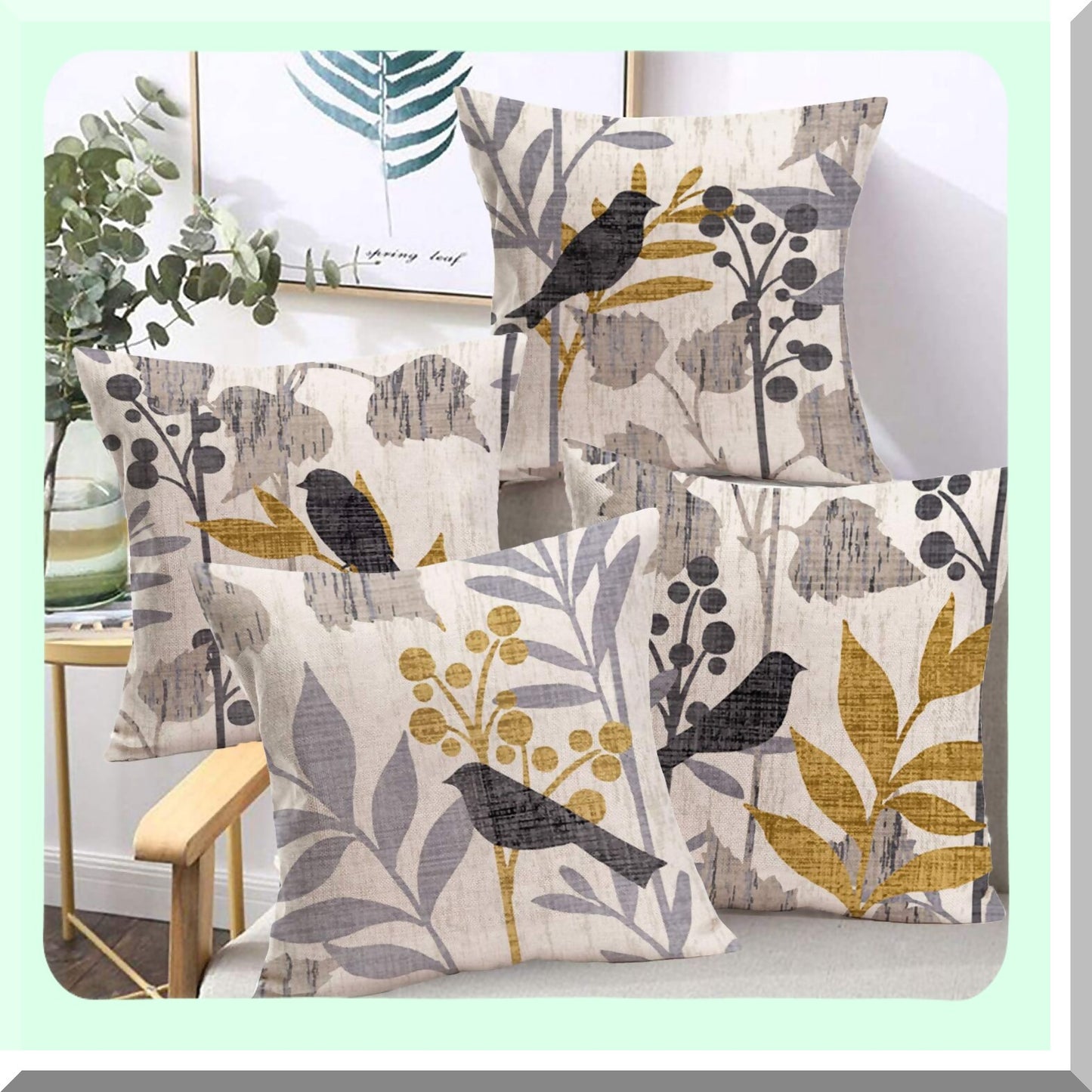 Vintage Birds & Leaves Decorative Pillow Covers - Set of 4 | Retro Rustic Farm Grey Birds on Tree Branch | Spring Summer Home Decor 18x18